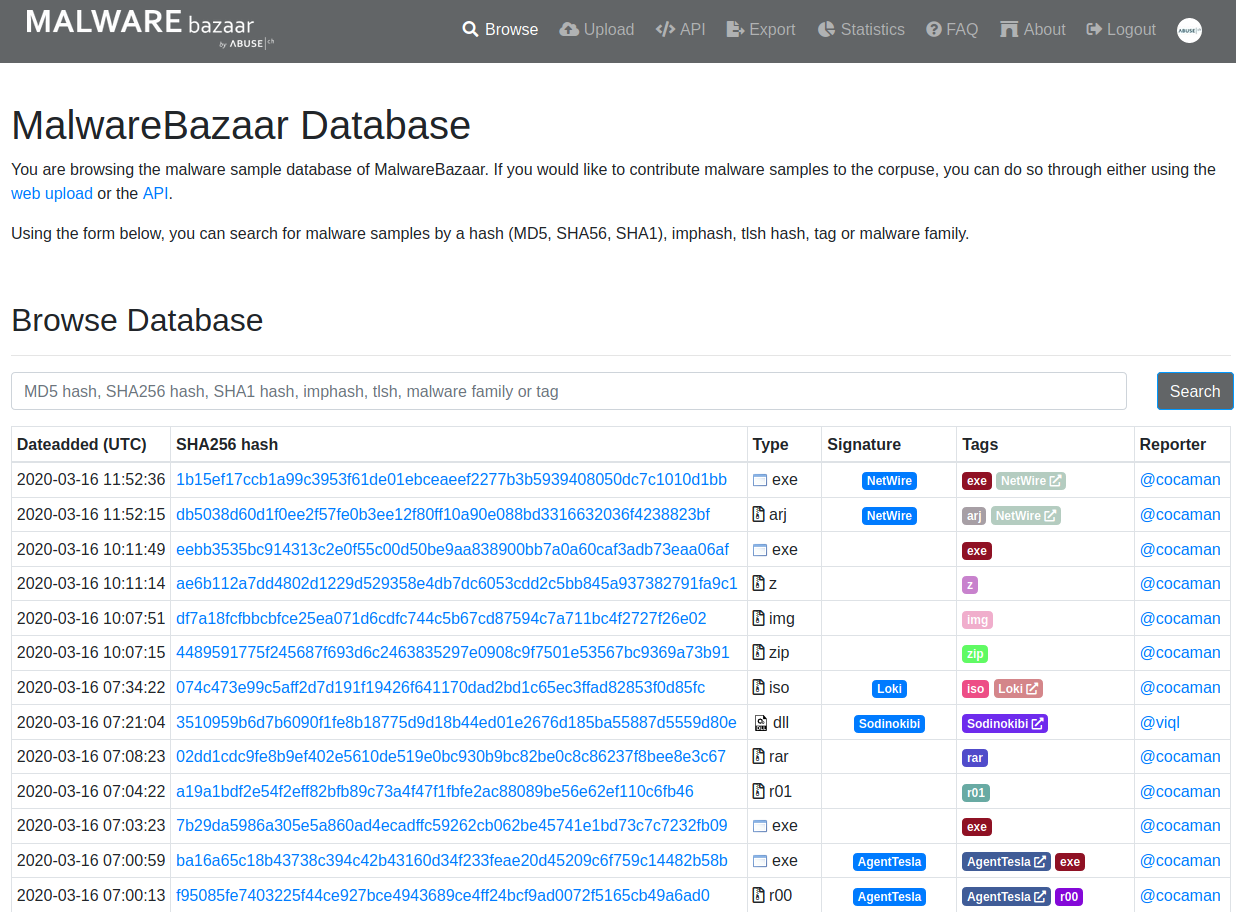 Screenshot of bazaar.abuse.ch